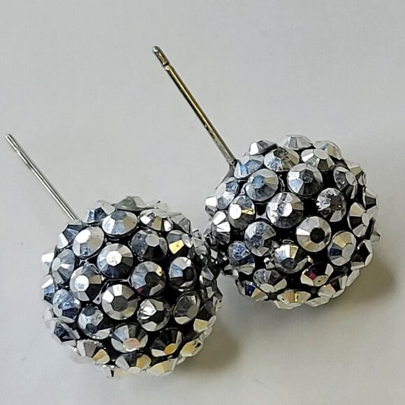 Sparkling Tiny Silver and Black Rhinestone Dome Round Earrings - Picture 1 of 4